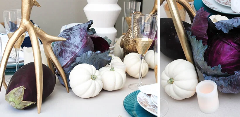 Two photos close up featuring decorative accessories including an eggplant, small white pumpkins, and purple cabbage